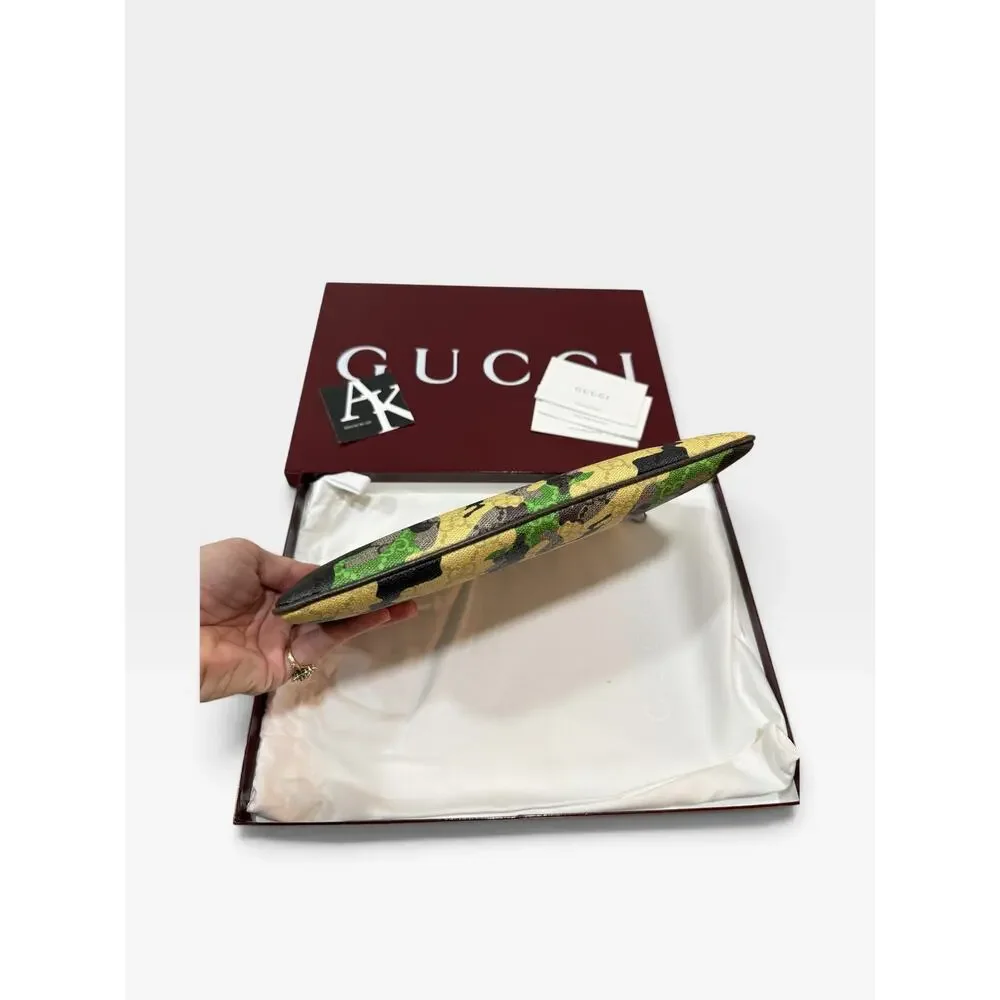 Gucci GG Monogram Camouflage Pouch Green Yellow Brown Double G Clutch NIB